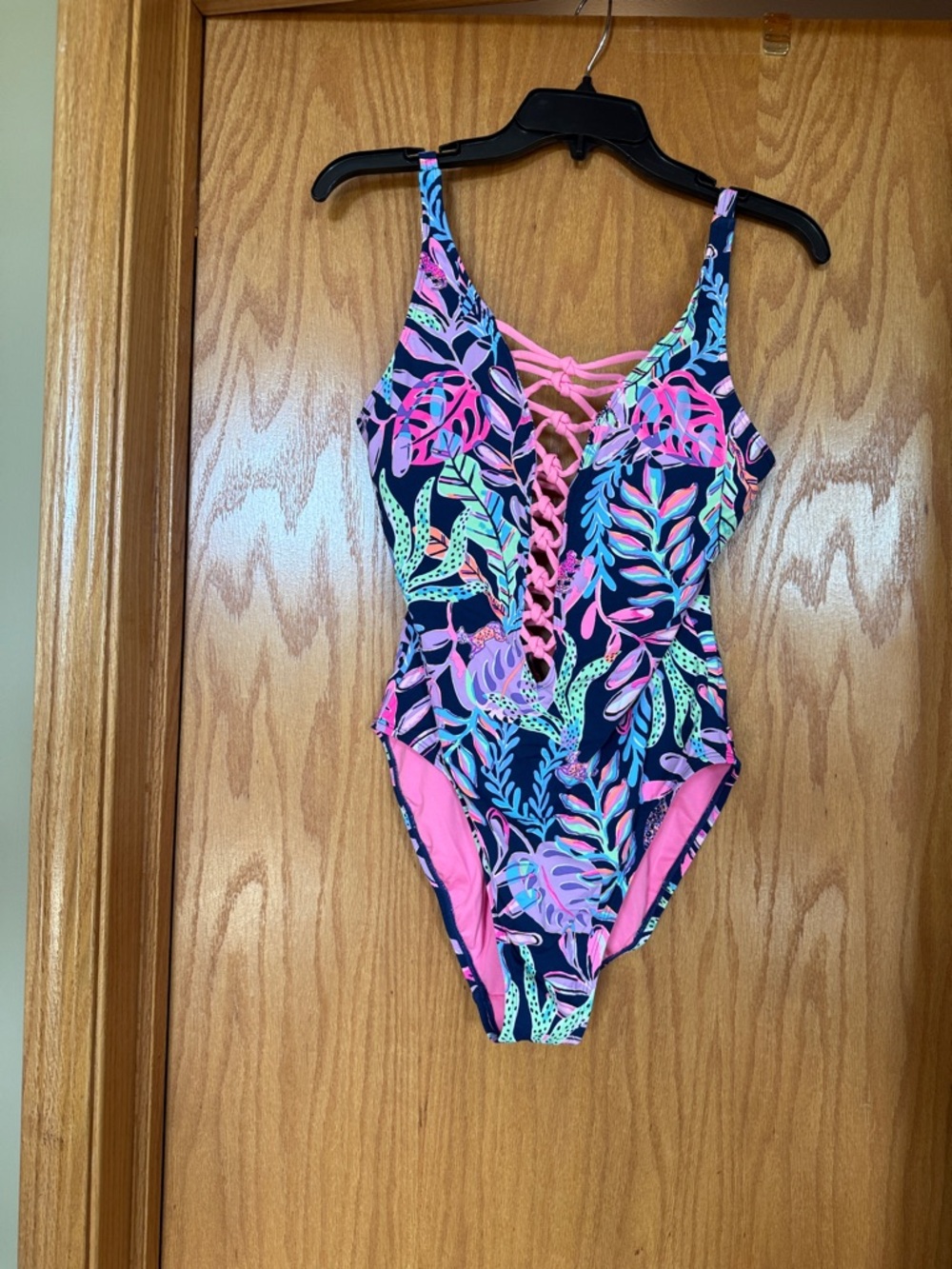 Womens Tropical Lace-Up One-Piece Swimsuit - Pink & Navy